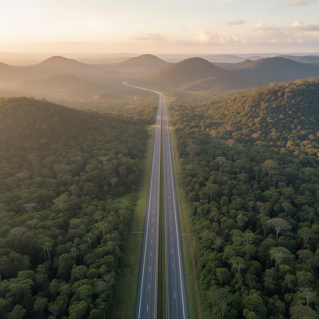 Rodovia atravessando paisagem natural ao amanhecer