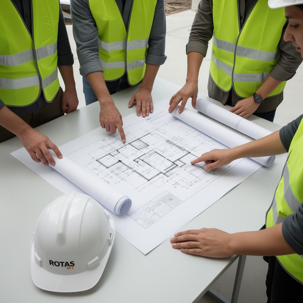 Equipe técnica analisando projetos e plantas